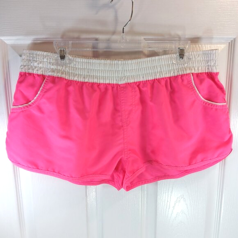 NWOT G21 Neon Hot Pink Athletic Running Shorts White Smocked Waist Size XL